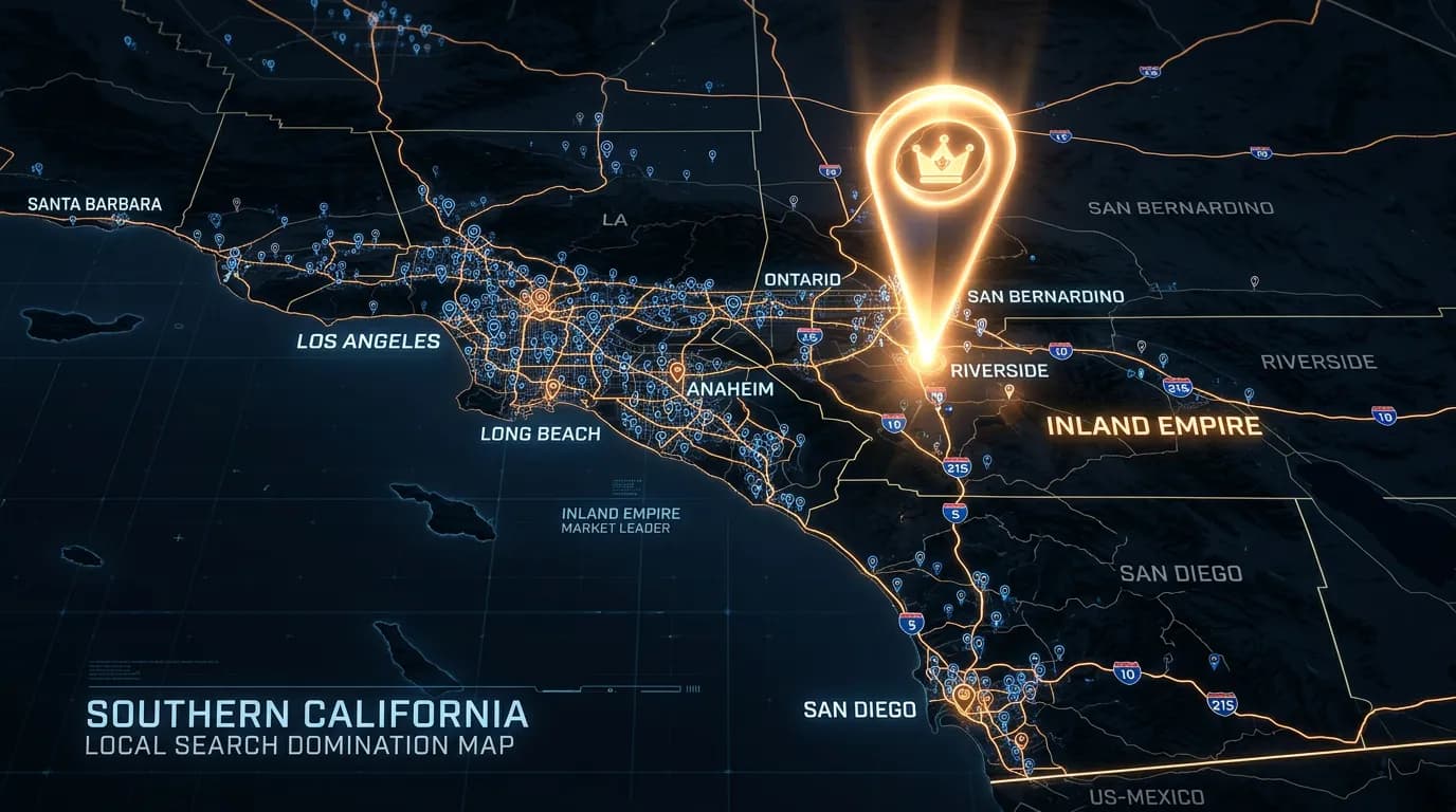 Southern California night map showing dominant business pin in Inland Empire local search domination