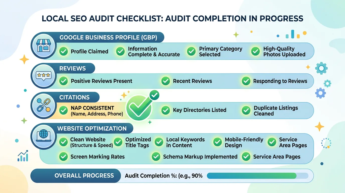 Local SEO audit checklist with green checkmarks showing completed profile citations reviews and website optimization items