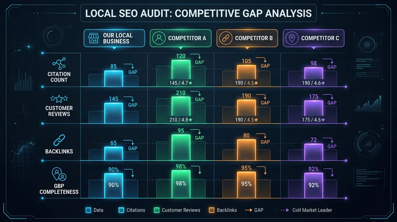 Competitive gap analysis showing local business versus top 3 competitors across citation count reviews and backlinks
