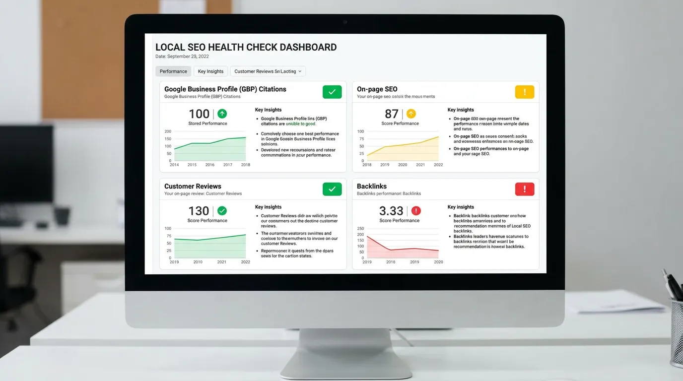 Local SEO audit report showing scores for GBP citations on-page SEO and reviews with red yellow green health indicators