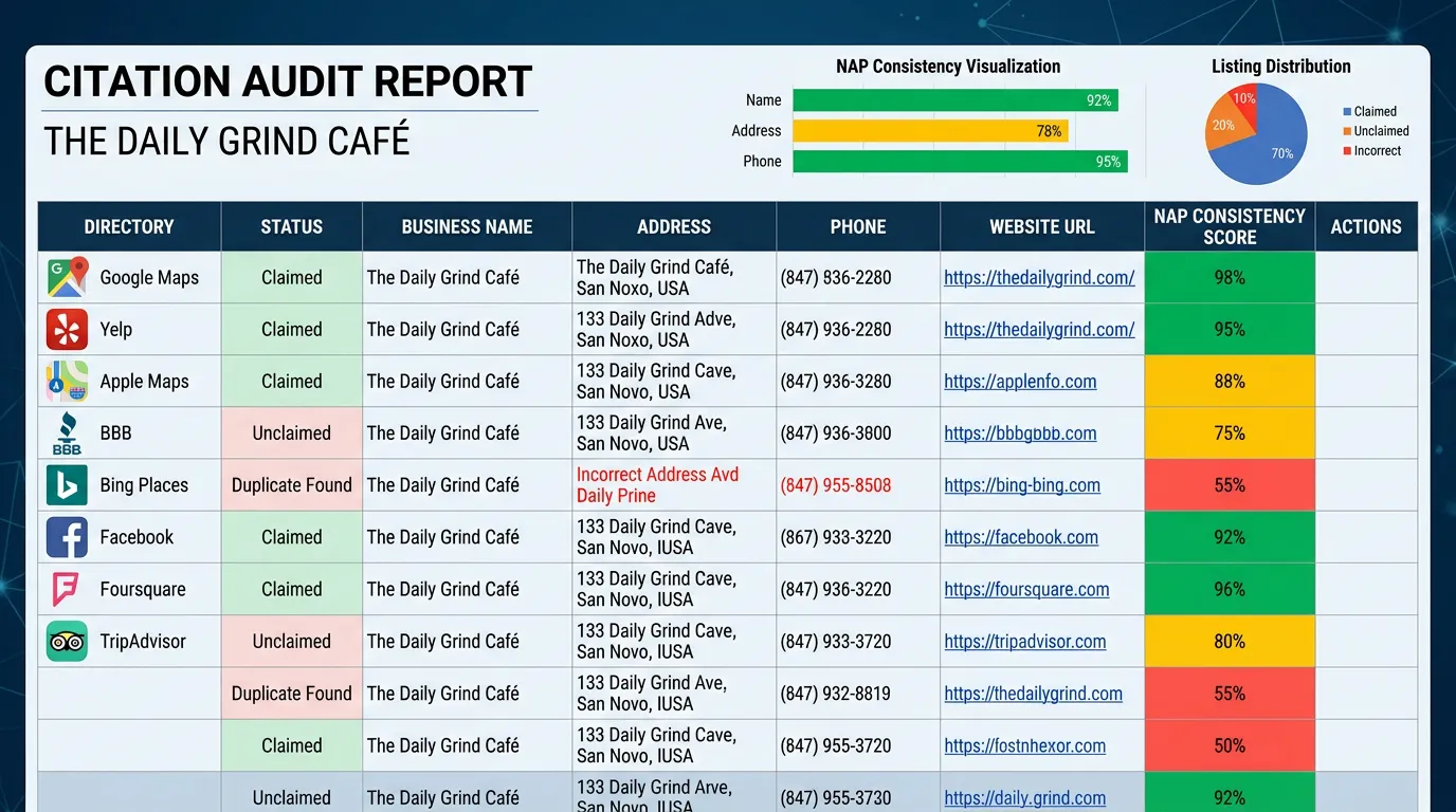 Citation audit report showing local business listings across major directories with NAP consistency check