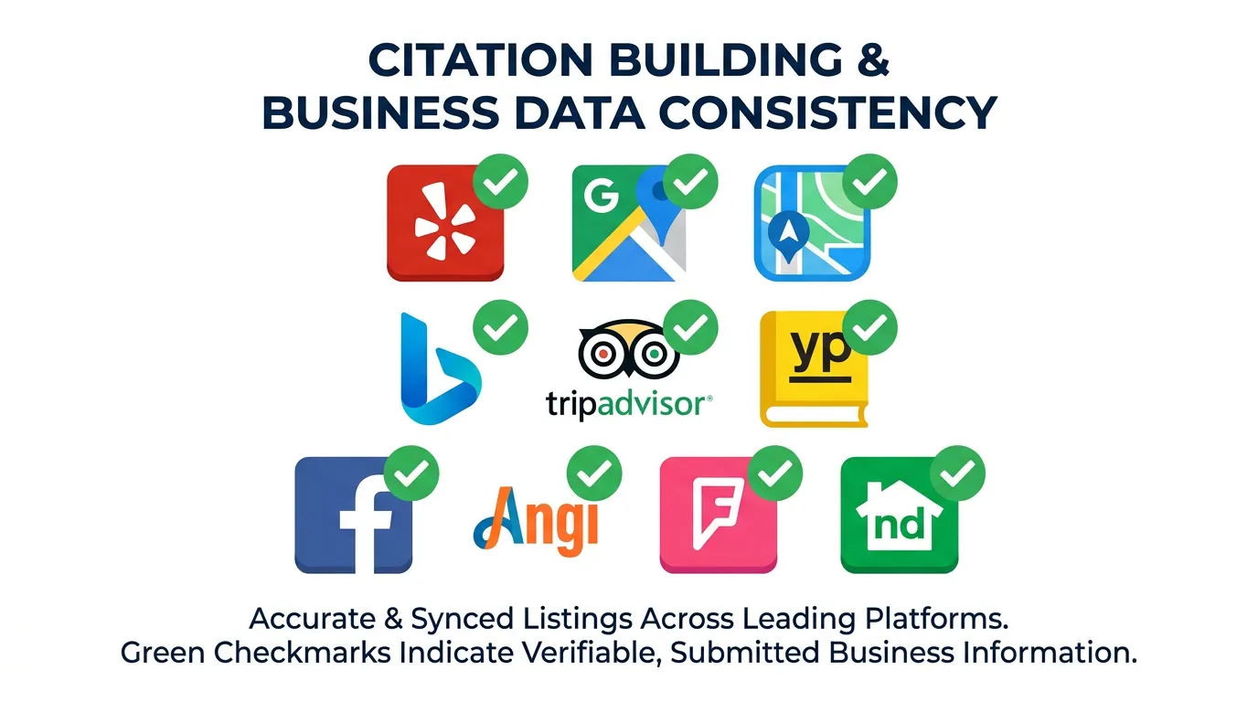 Business directory listing icons Yelp Google Maps Apple Maps Bing and others with green checkmarks for consistent data
