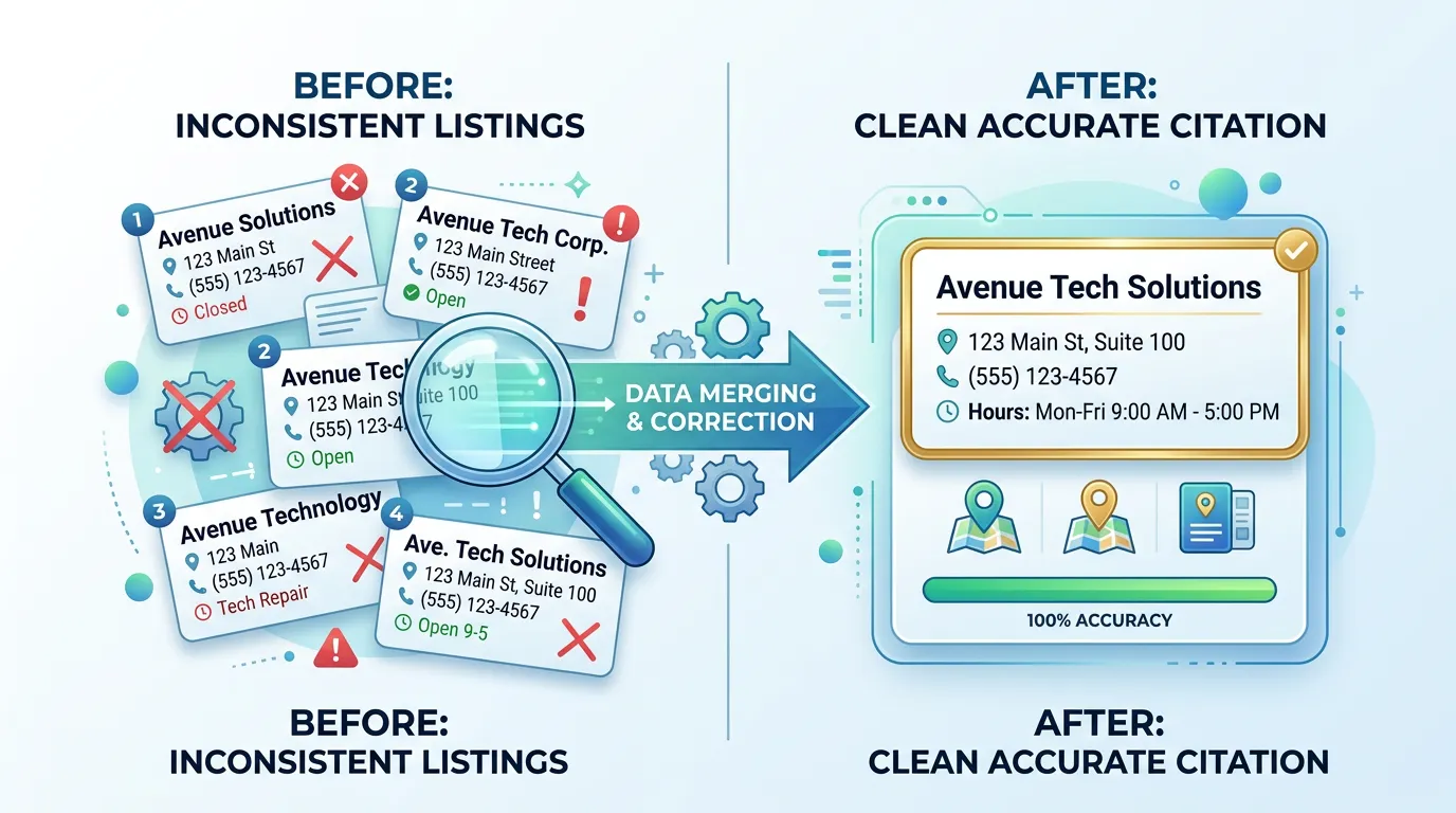 Duplicate business listing cleanup showing multiple inconsistent listings being merged into one accurate citation