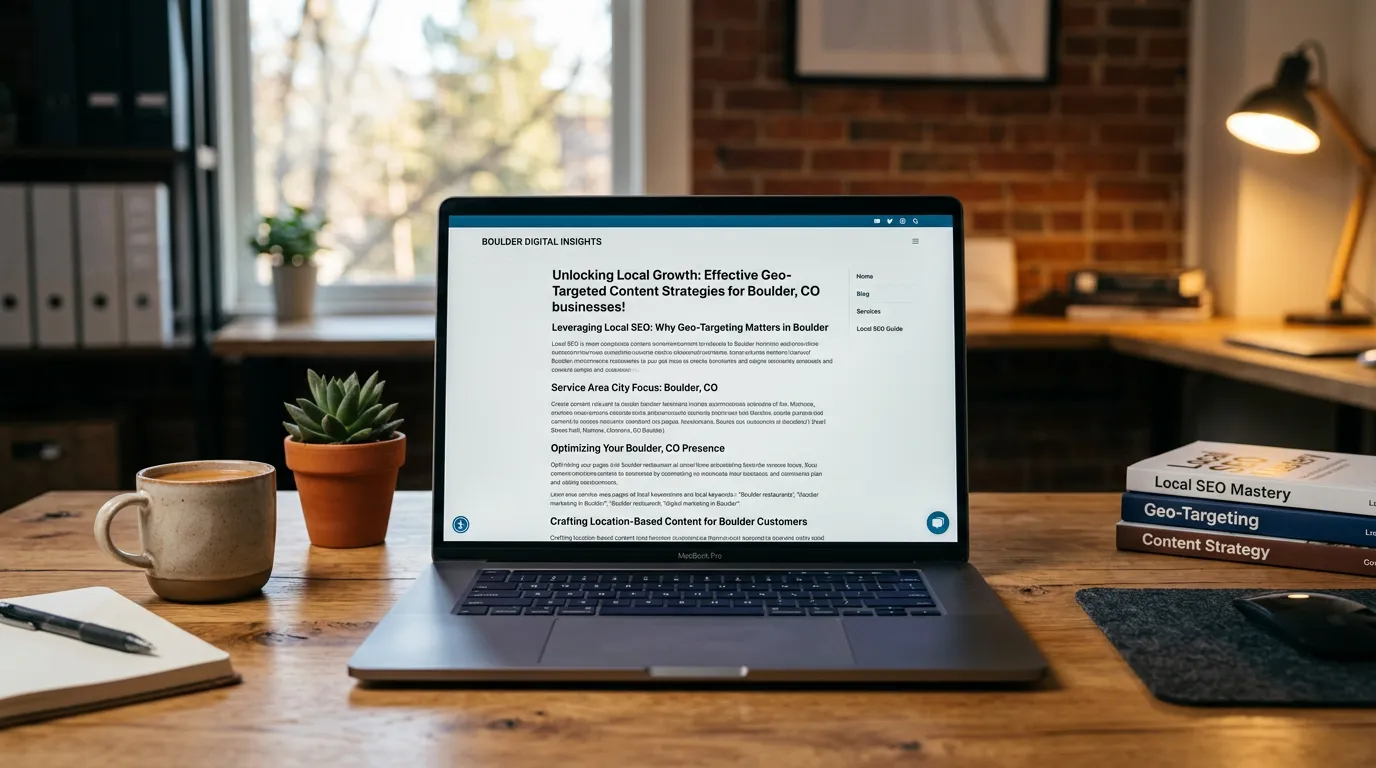 Geo-targeted blog post on laptop screen showing locally focused digital marketing article for a specific service area city
