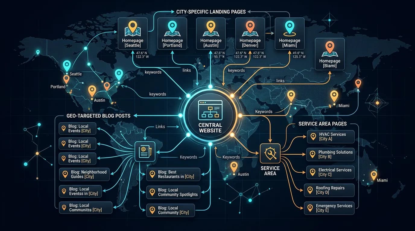Local content strategy map showing geo-targeted blog posts service area pages and city landing pages connected to website