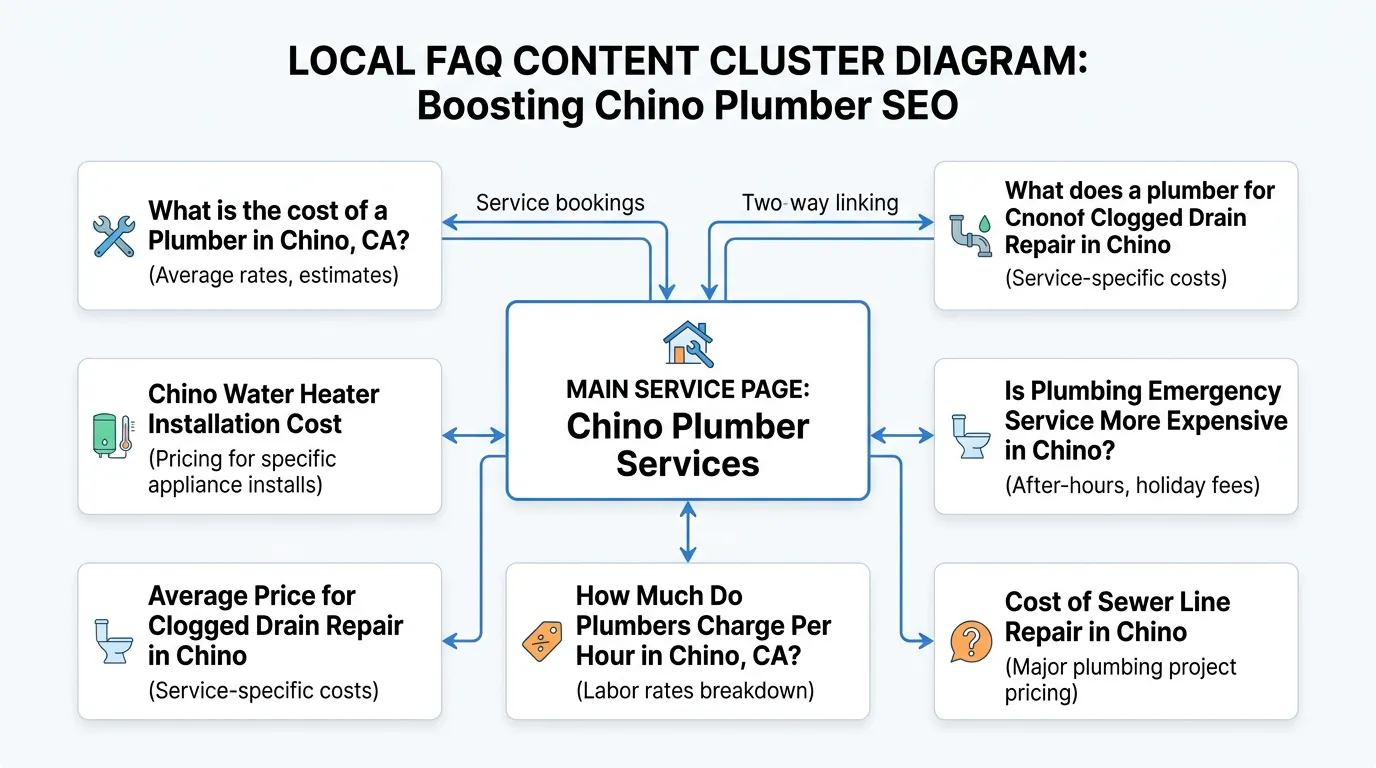 Local FAQ content cluster diagram showing main service page connected to multiple question-based local SEO articles