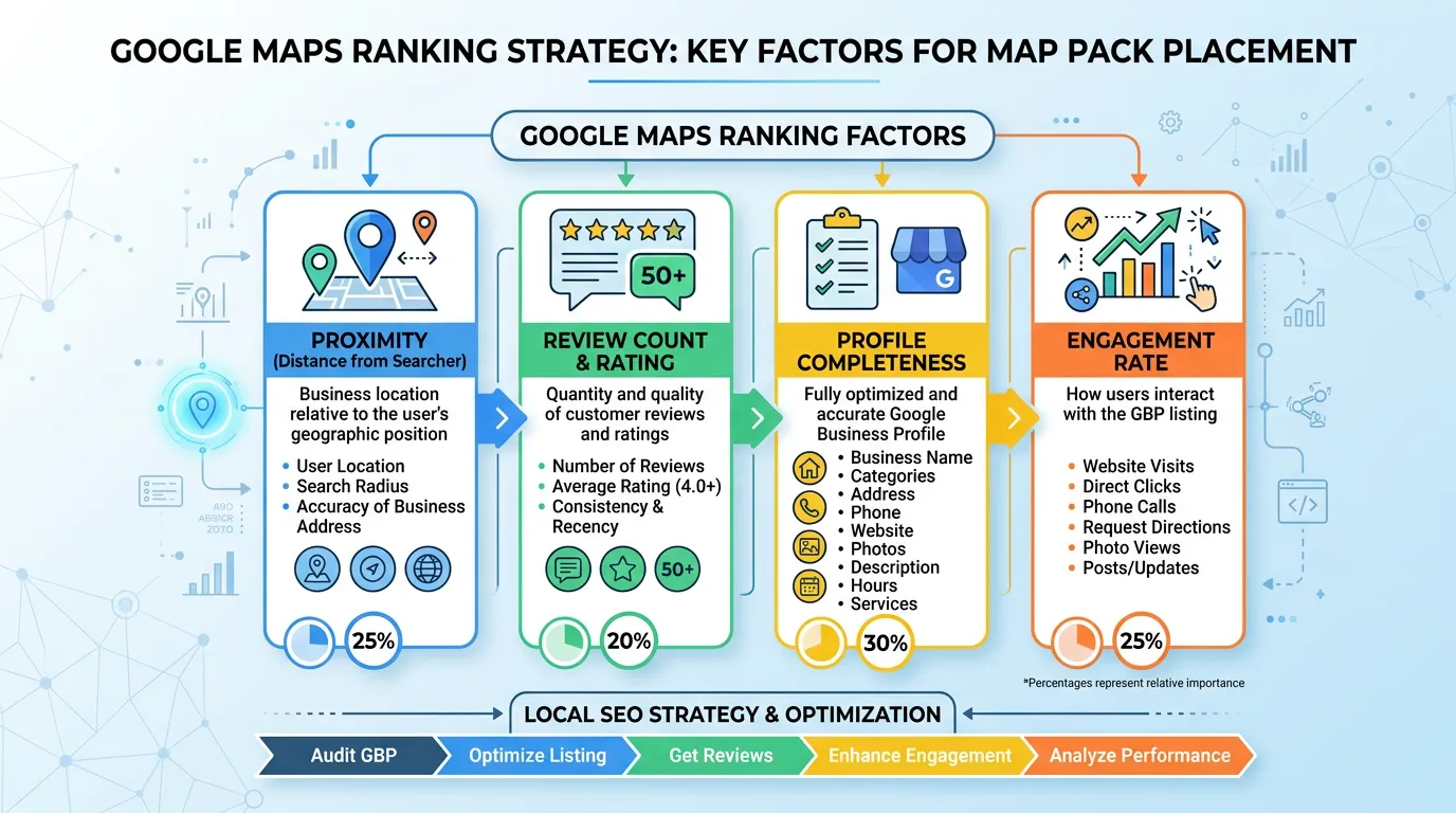 Google Maps ranking strategy chart showing proximity review count profile completeness and engagement rate factors