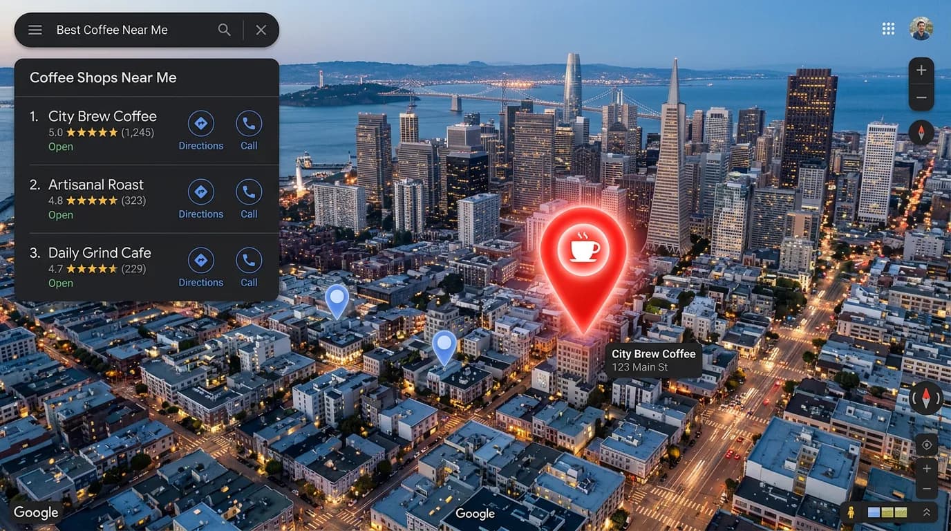 Google Maps showing business ranked position 1 in local 3-pack result with glowing dominant red pin