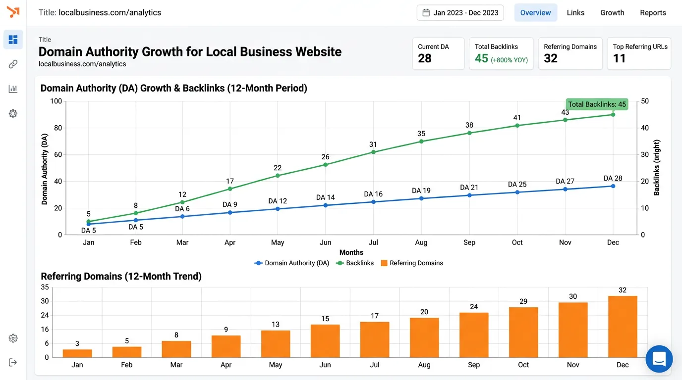 Chart illustrating backlink and domain authority growth over twelve months