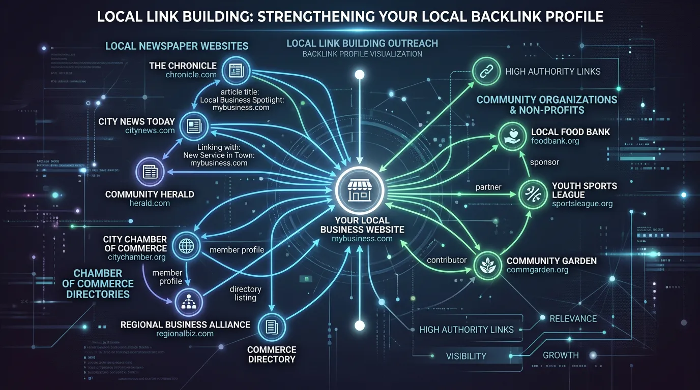 Local link building showing newspaper sites chamber of commerce and community organizations linking to business website