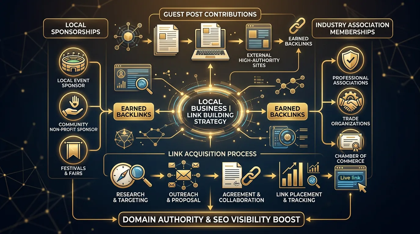 Local sponsorship and guest post link building strategy showing business earning backlinks through community involvement