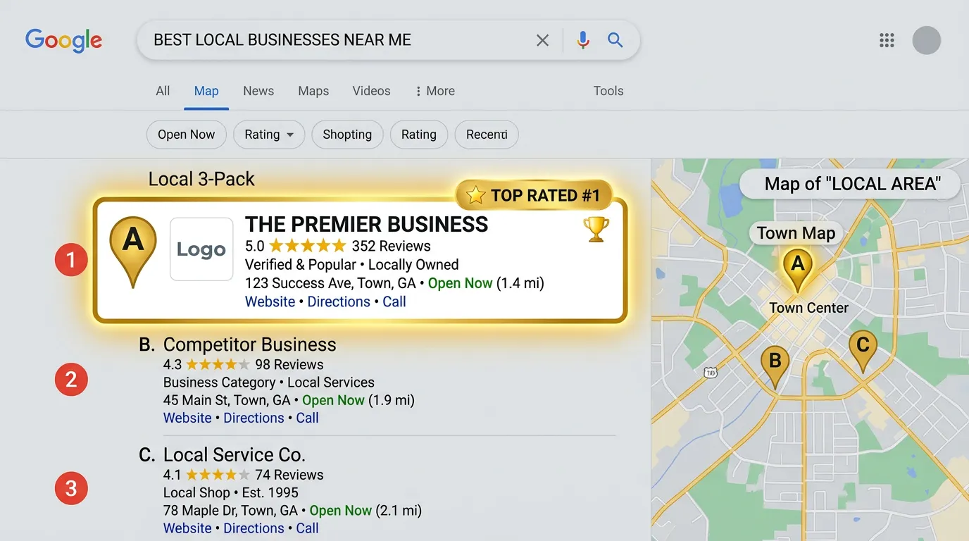 Google local 3-pack showing winning business highlighted at top with golden glow more reviews and highest rating