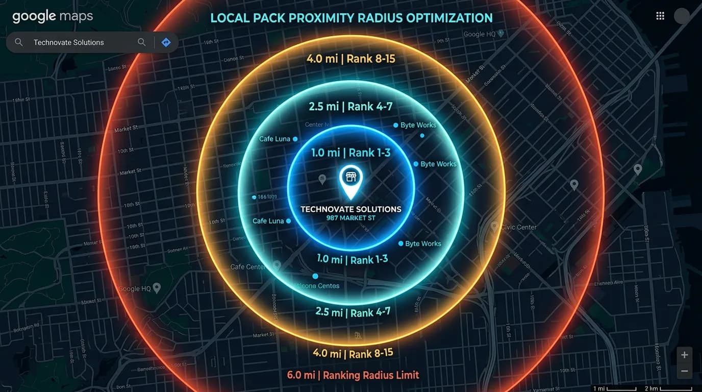 Proximity radius circle on Google Maps showing business at center with rings indicating local pack ranking range
