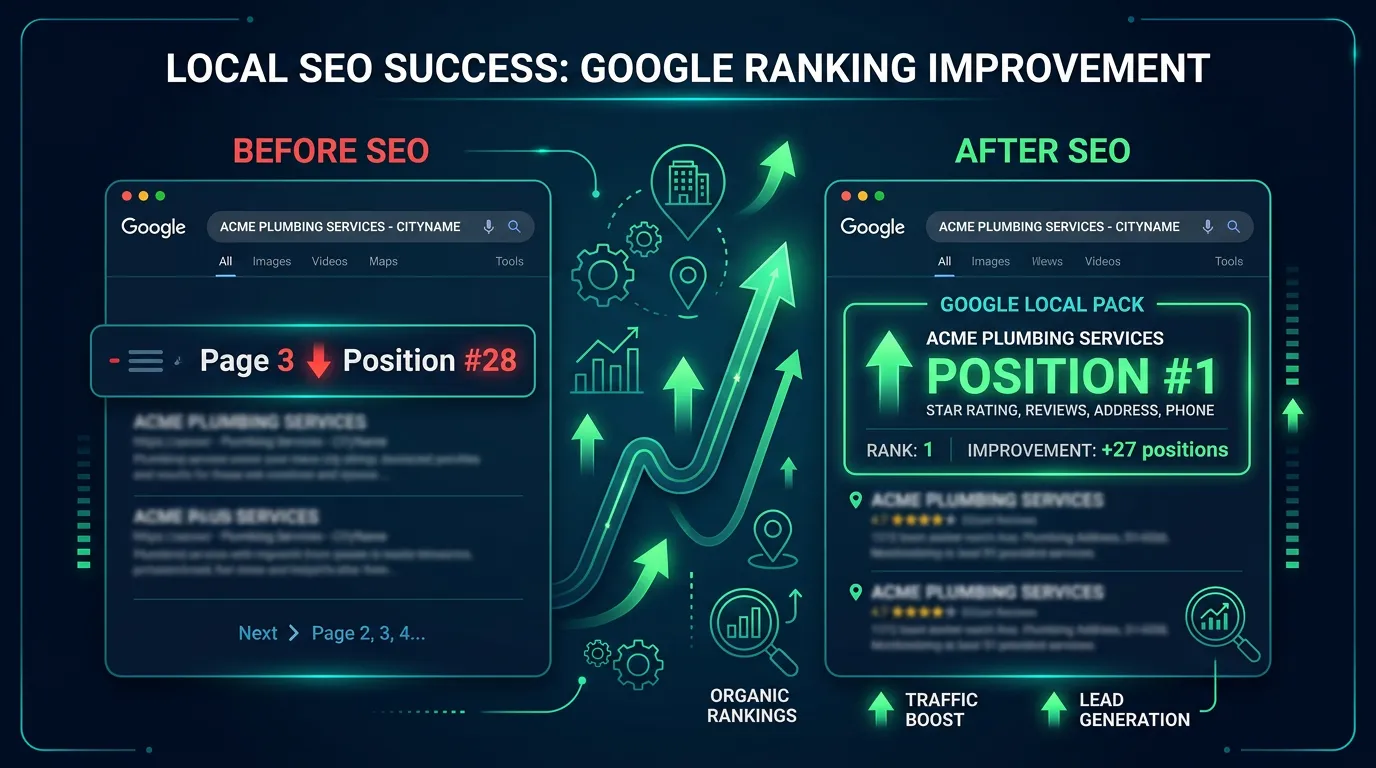 Local SEO before and after showing service business moving from page 3 to position 1 in Google local search