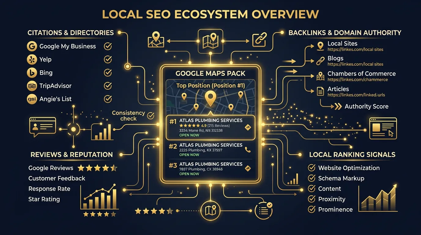Local SEO overview showing Google Maps pack with business in position one surrounded by citations reviews and backlinks