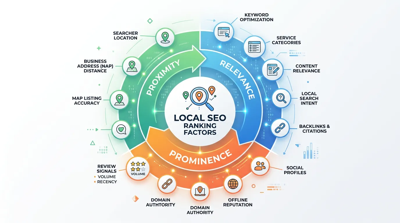Local SEO ranking factors wheel showing proximity relevance and prominence with sub-factors around each