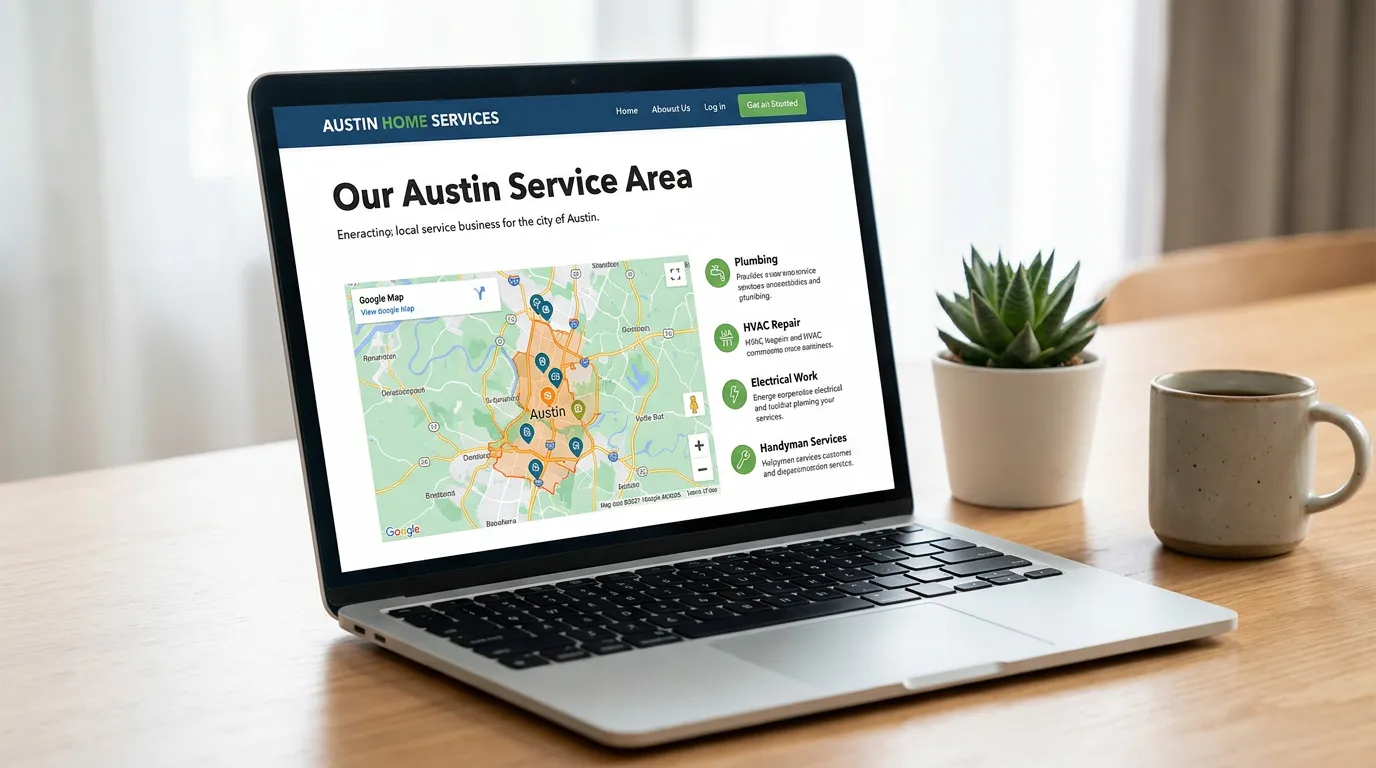 Service area page layout showing dedicated city page with area name header map embed and service list for local SEO