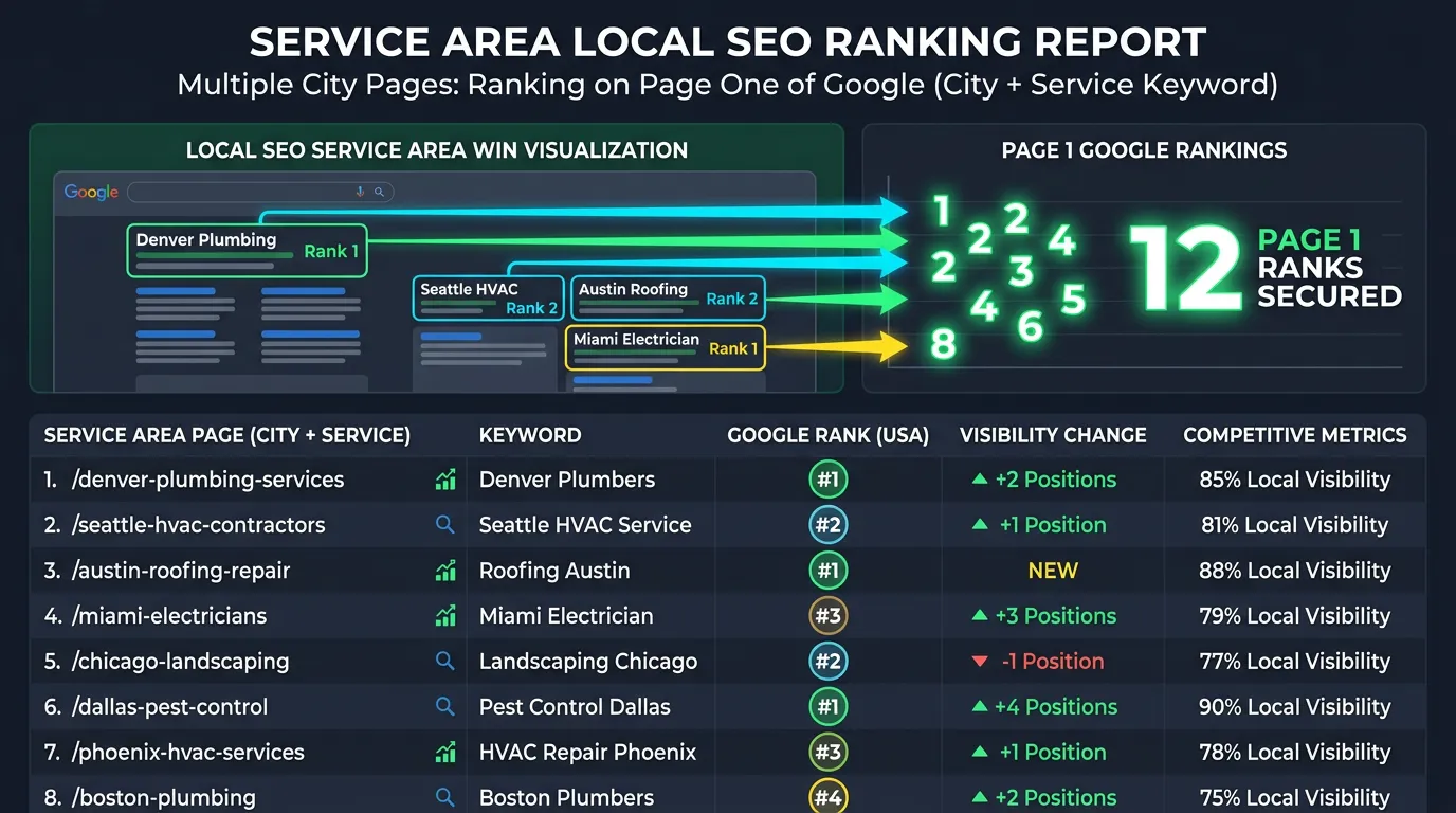 Service area pages ranking results showing multiple city pages on page one of Google for city plus service keywords