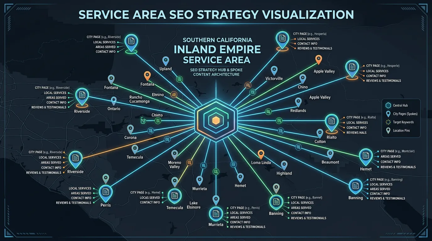 Southern California city service area map with multiple location pins each connected to a dedicated SEO landing page