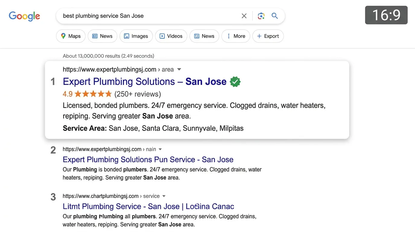 Google search showing home services company ranked number one with rich snippet review stars and service area displayed