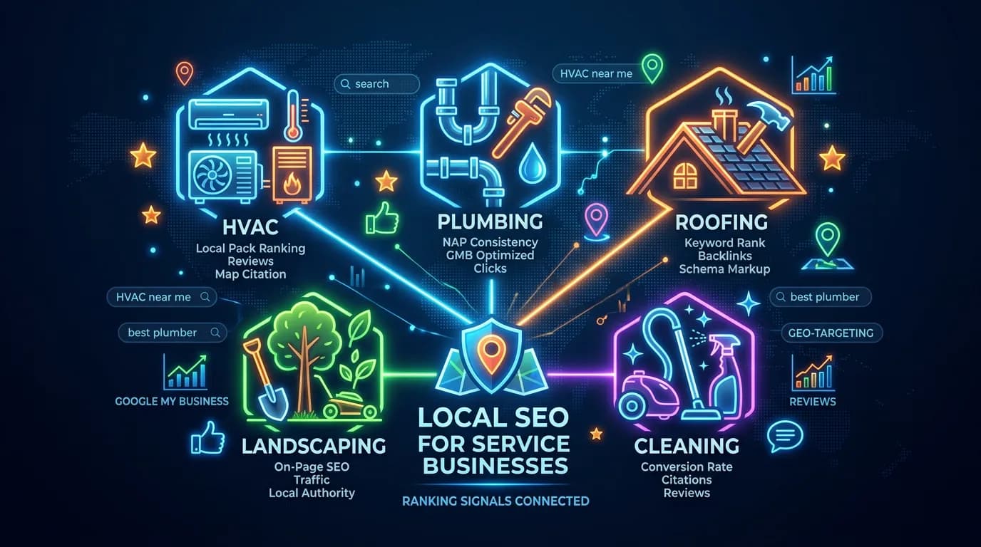 Service business industry icons HVAC plumbing roofing landscaping with local SEO ranking signals connected to each