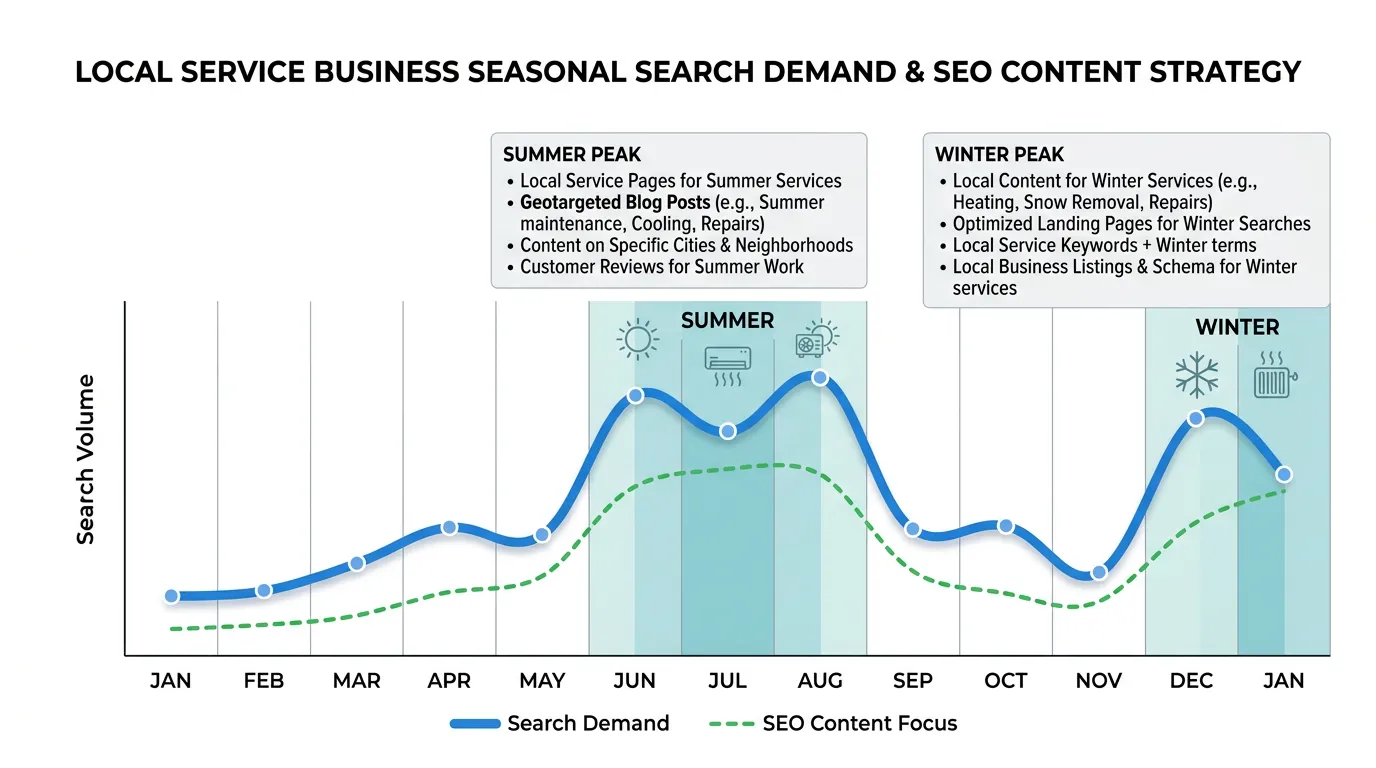 Seasonal demand chart for local service business showing content strategy aligned to search peaks in summer and winter