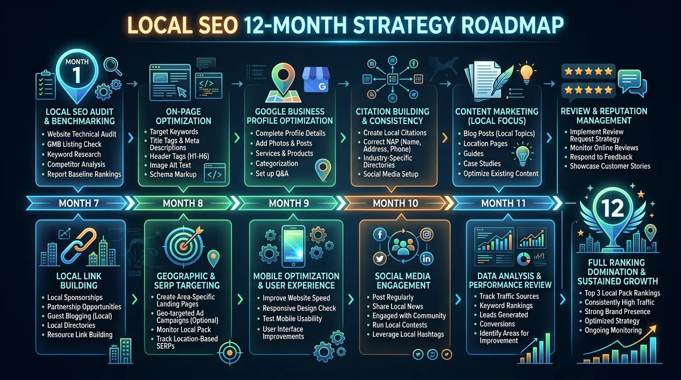 Local SEO 12-month strategy roadmap showing month by month optimization tasks from audit to full ranking domination