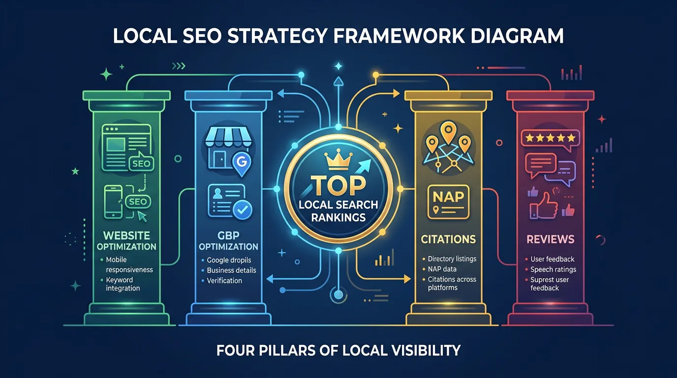 Local SEO strategy framework showing four pillars website GBP citations and reviews supporting top local search rankings