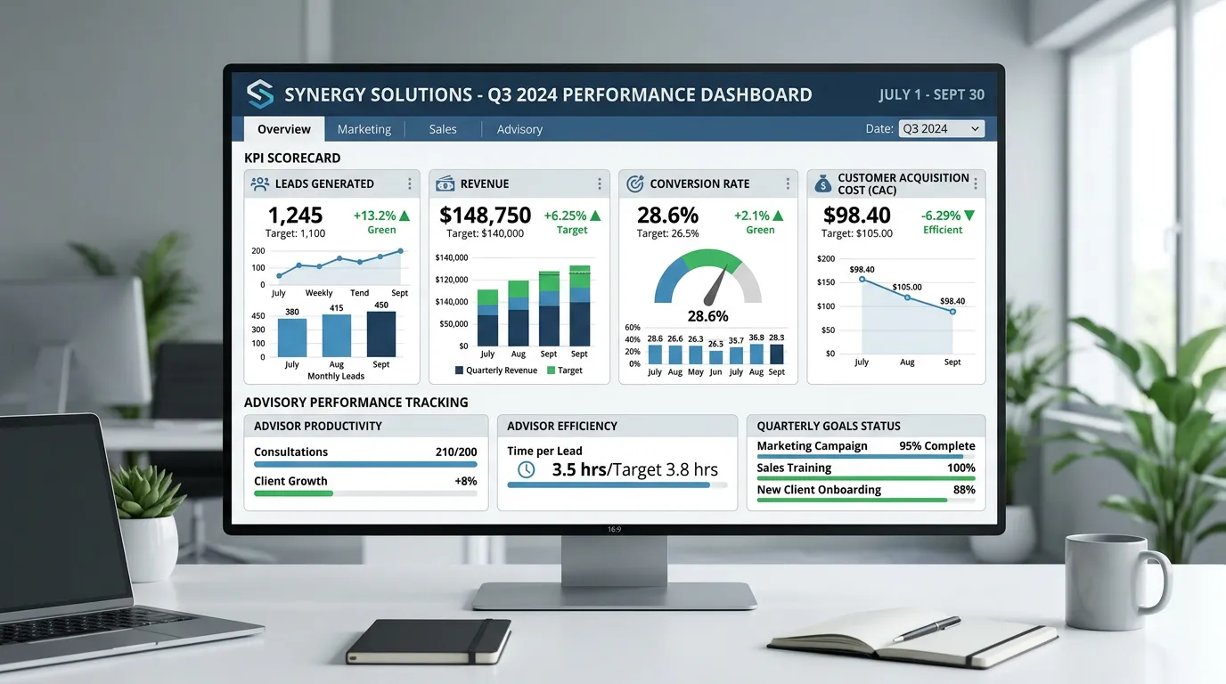 Quarterly performance review KPI scorecard tracking leads revenue conversion rate and customer acquisition cost versus targets