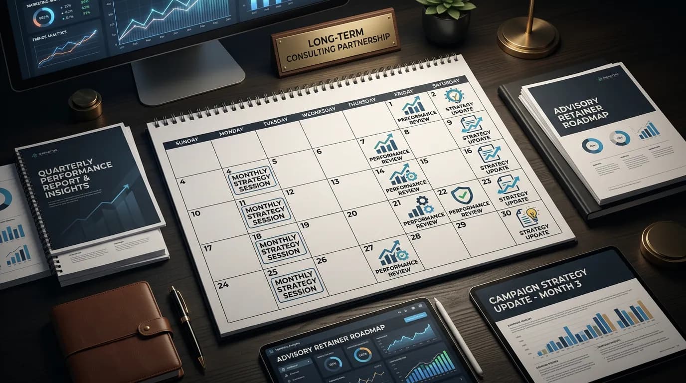 Ongoing marketing advisory retainer concept showing monthly strategy sessions on calendar with performance review icons