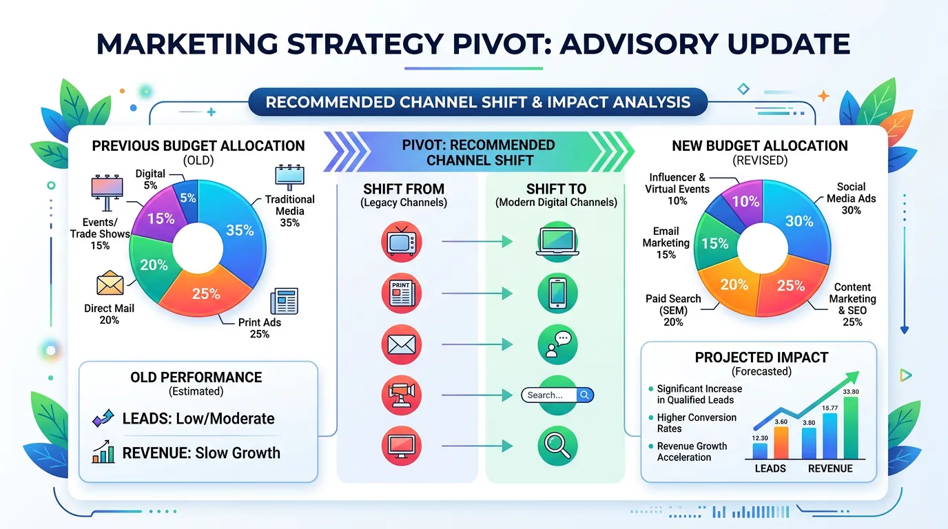Marketing strategy pivot document showing recommended channel shift with old versus new budget allocation and projected impact