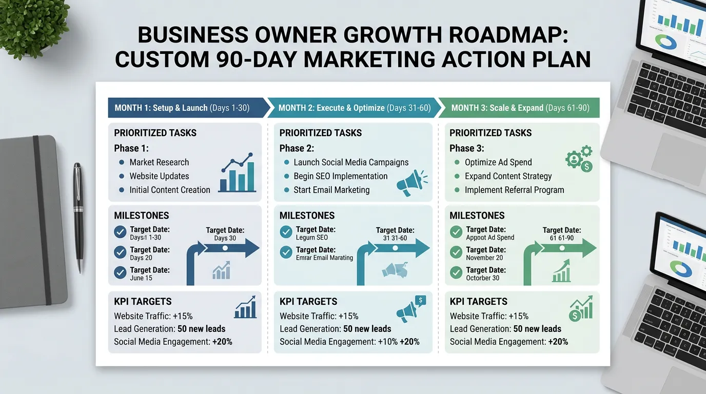 Custom 90-day marketing action plan document with prioritized tasks milestones and KPI targets for service business