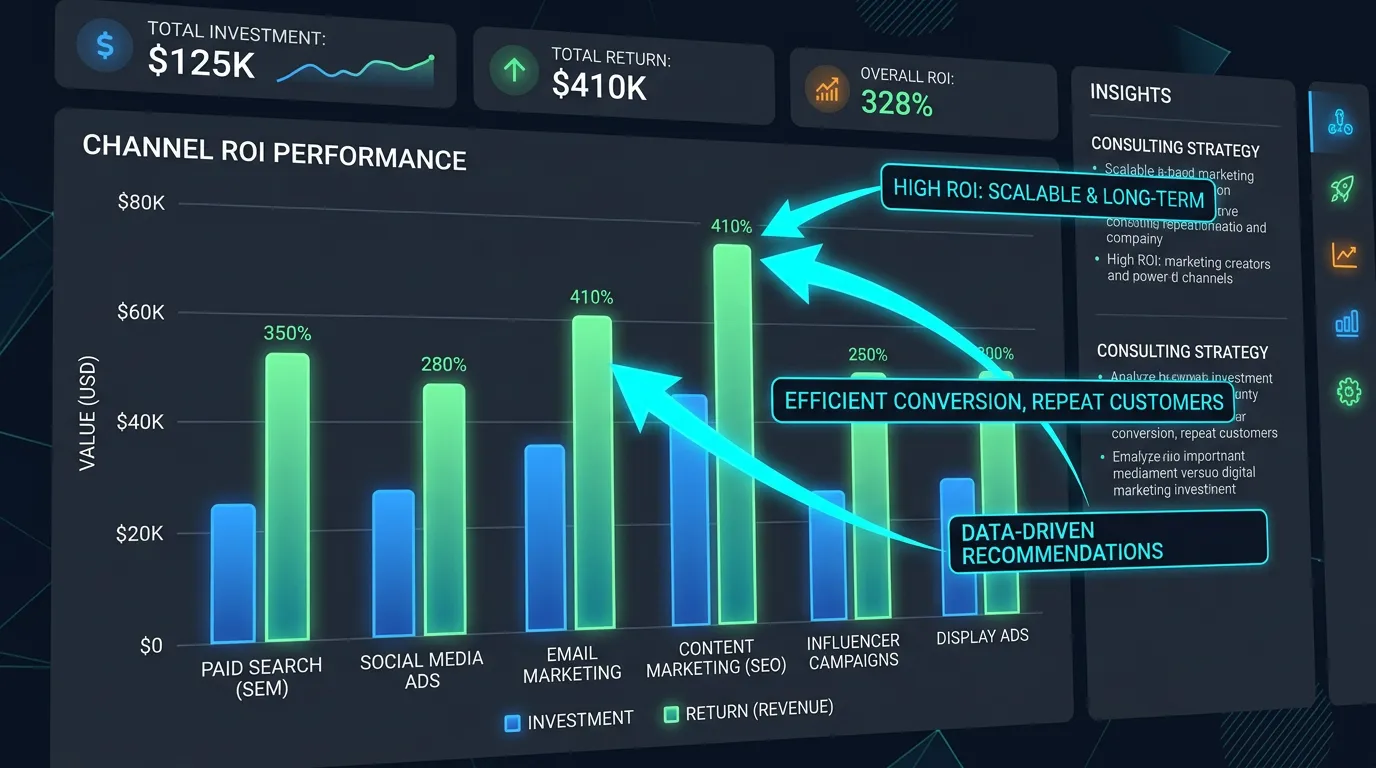 Digital marketing ROI chart showing investment versus return analysis with consulting recommendation arrows for highest ROI channels
