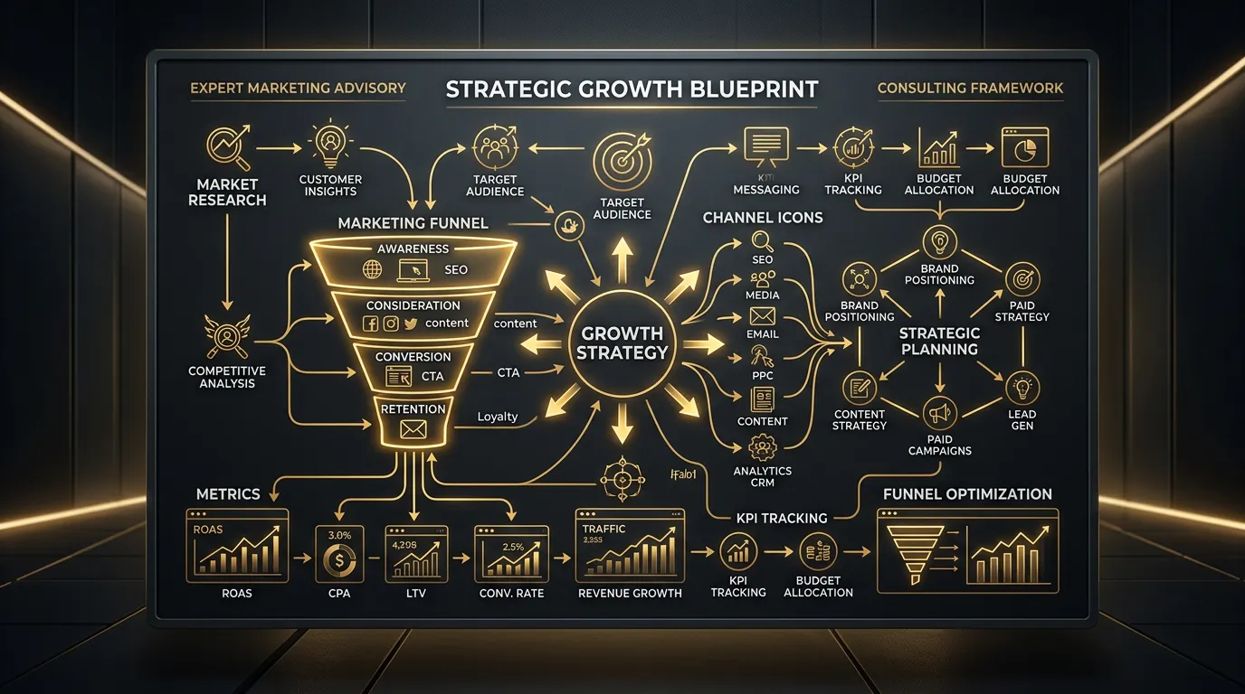 Marketing consulting overview showing strategic planning whiteboard with funnels metrics and channel icons for growth blueprint