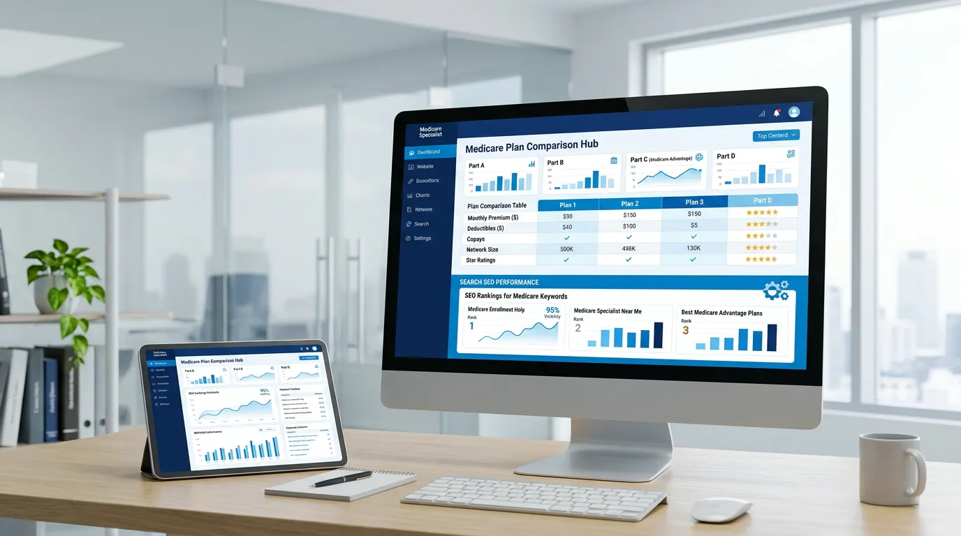 Medicare specialist digital marketing showing plan comparison on screen with SEO for enrollment help