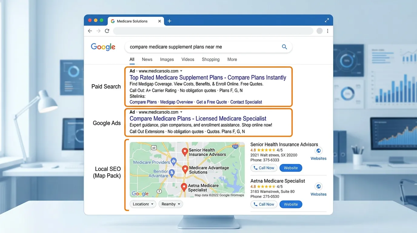 Medicare specialist Google Ads and local SEO showing paid search results for supplement plan searches