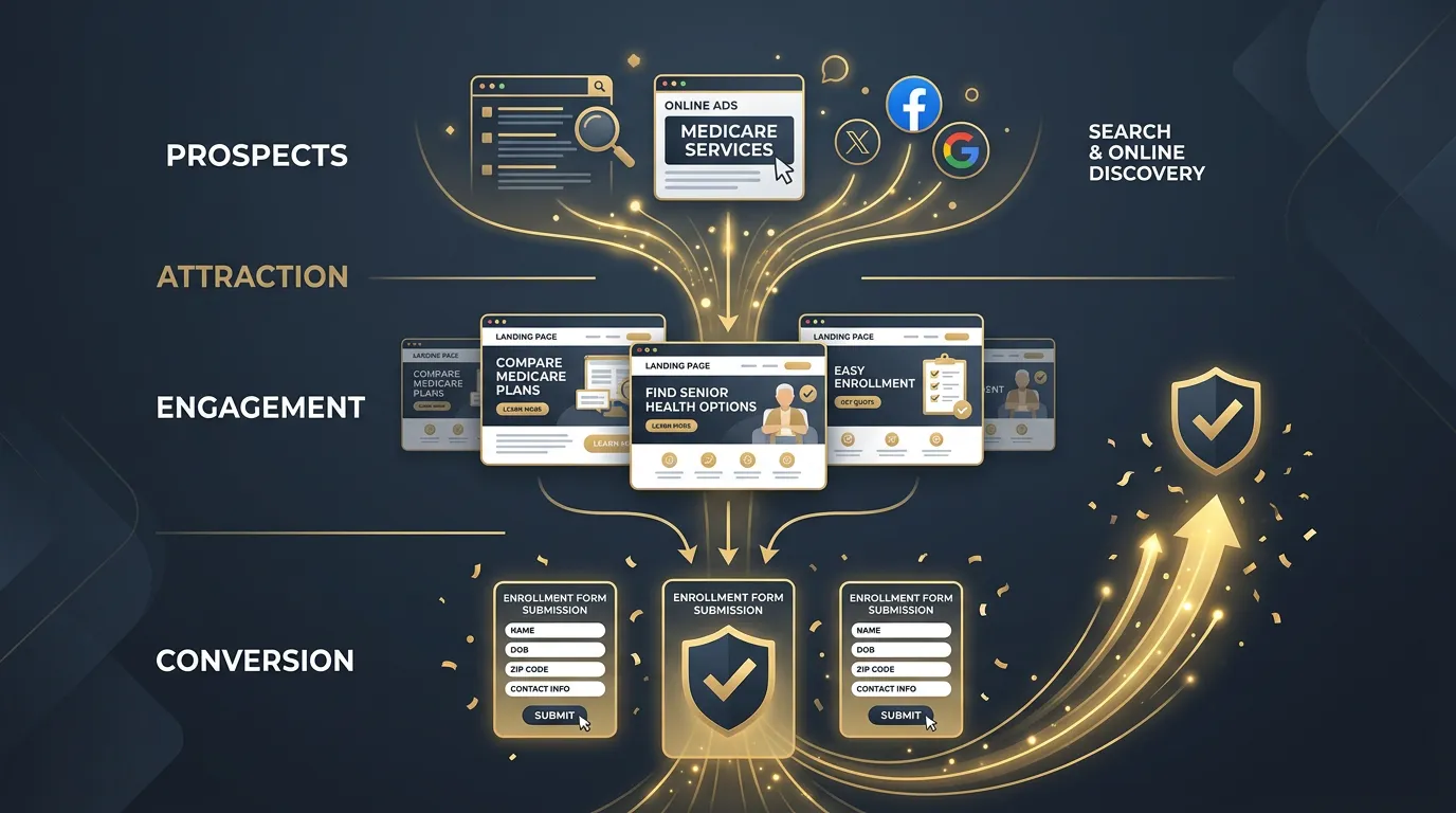 Medicare enrollment lead generation funnel from search through landing page to form submission