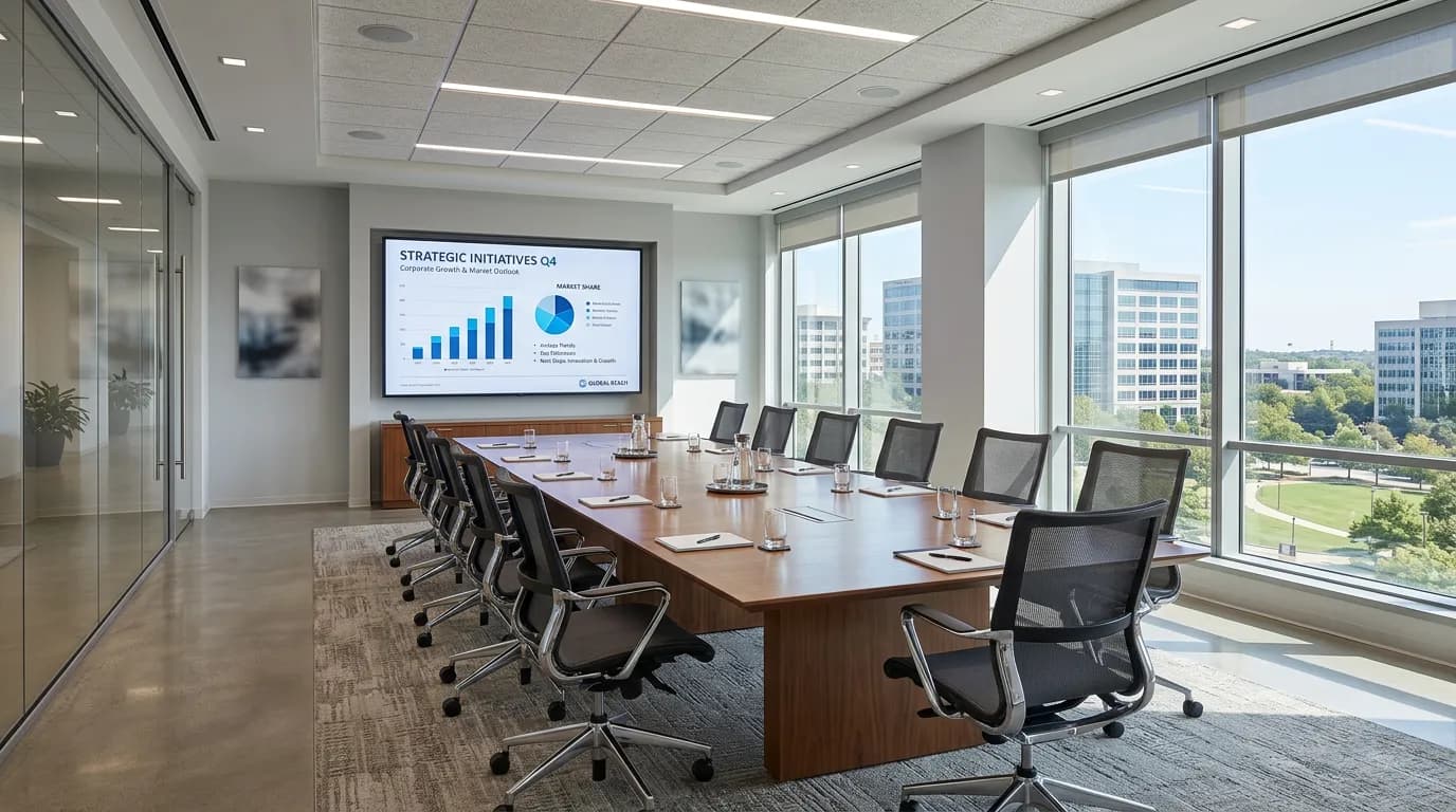 Modern conference room at digital marketing agency ready for team meetings