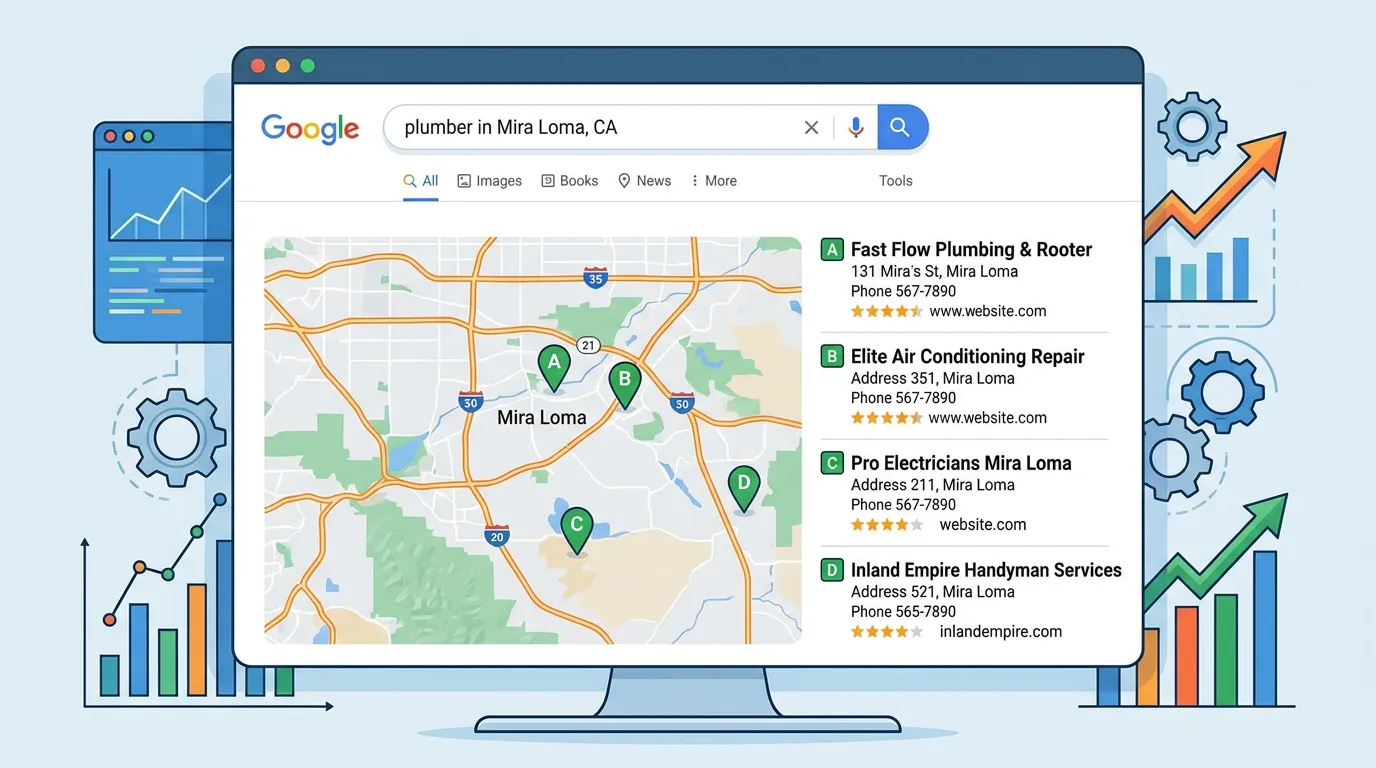 Mira Loma CA local SEO showing Google search map pack for service businesses in Mira Loma California