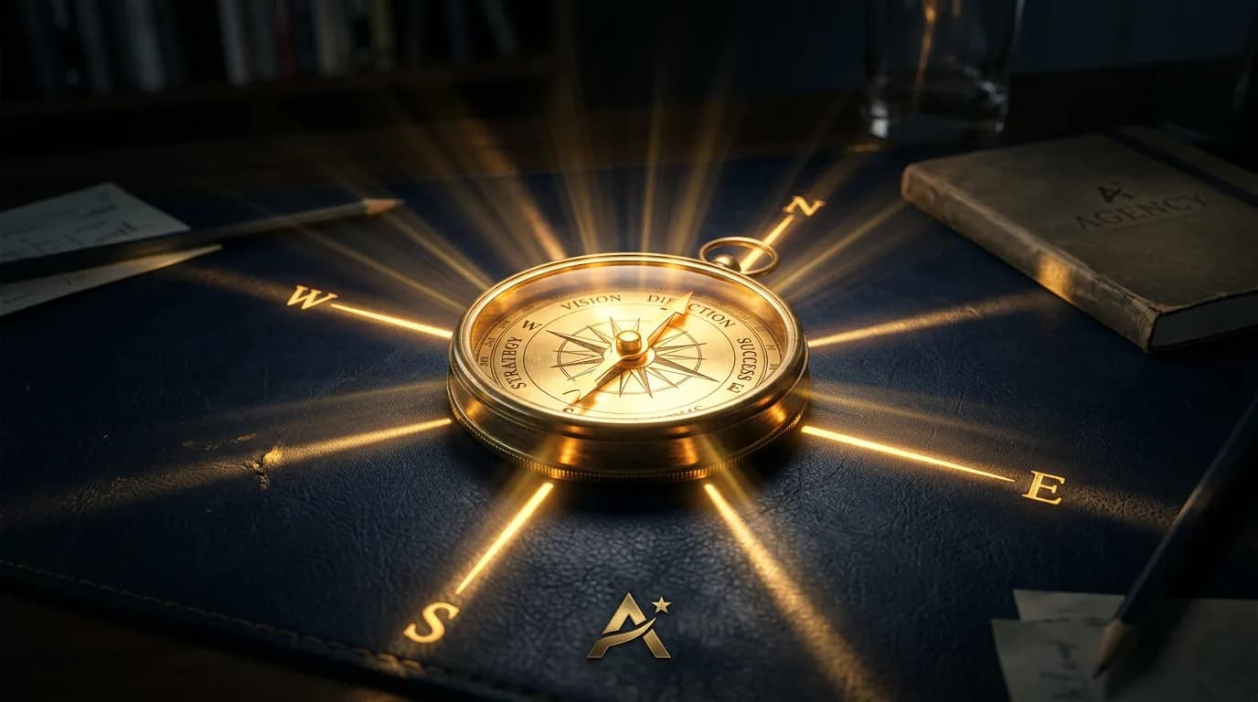 Golden compass on dark surface symbolizing vision and direction for Online Website Marketing