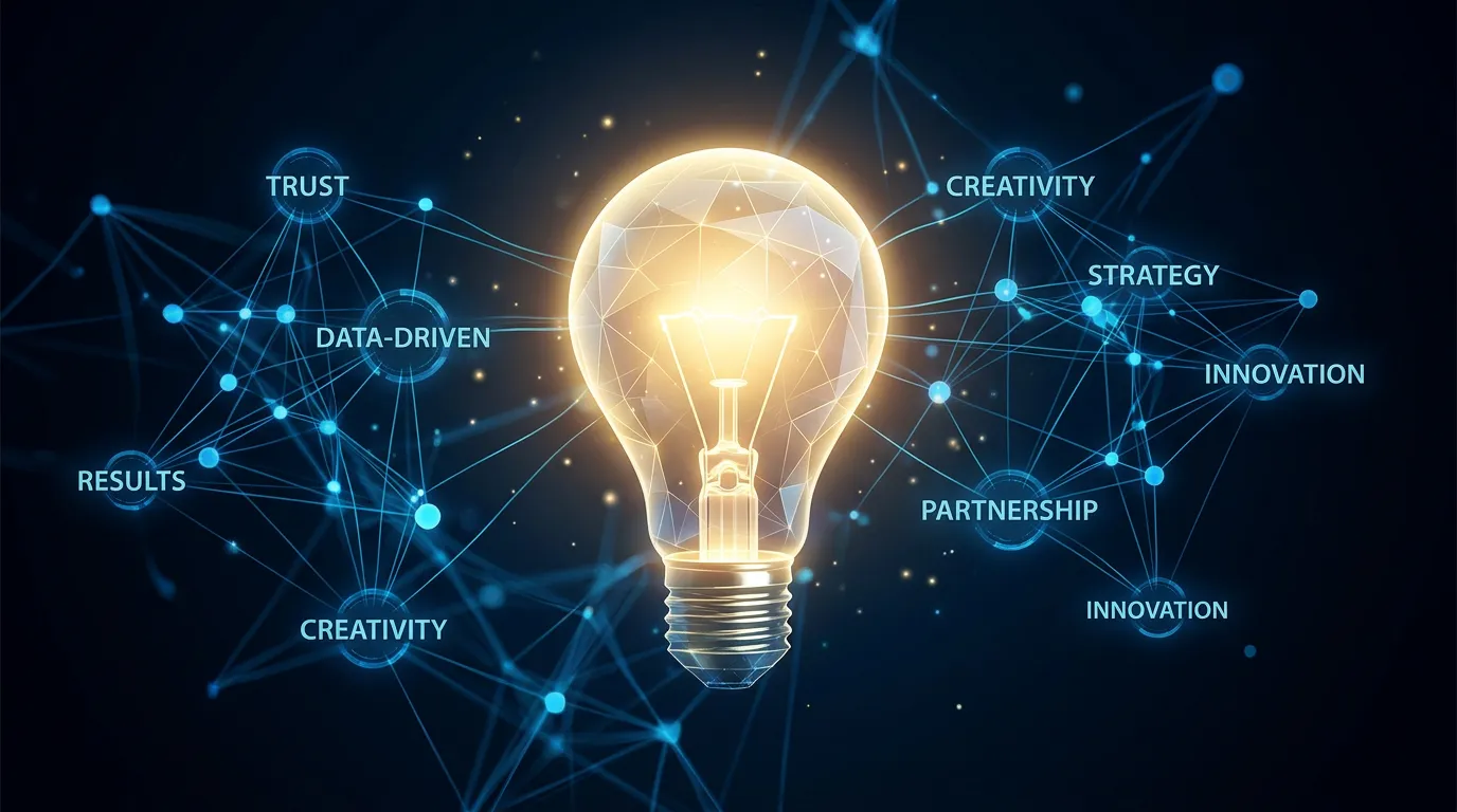 Glowing lightbulb and connected network representing core values of digital marketing agency