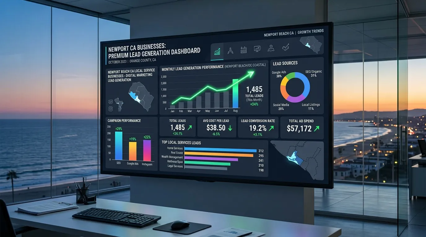 Newport Beach CA business digital marketing dashboard showing lead generation for Orange County coastal businesses