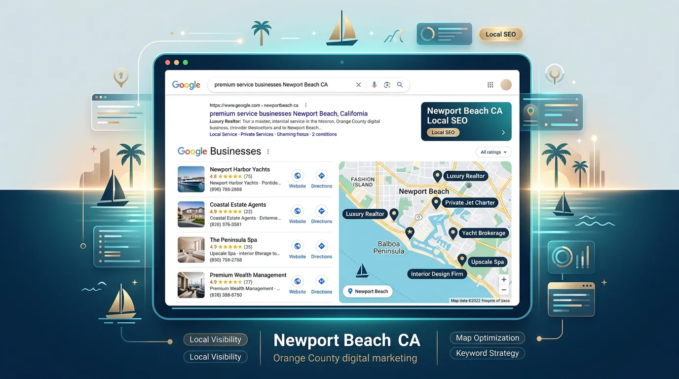 Newport Beach CA local SEO showing Google search map pack for premium service businesses in Newport Beach California