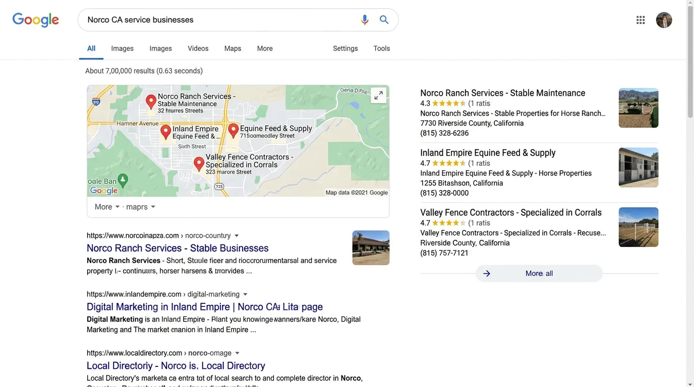Norco CA local SEO showing Google search map pack for service businesses in Norco California Riverside County