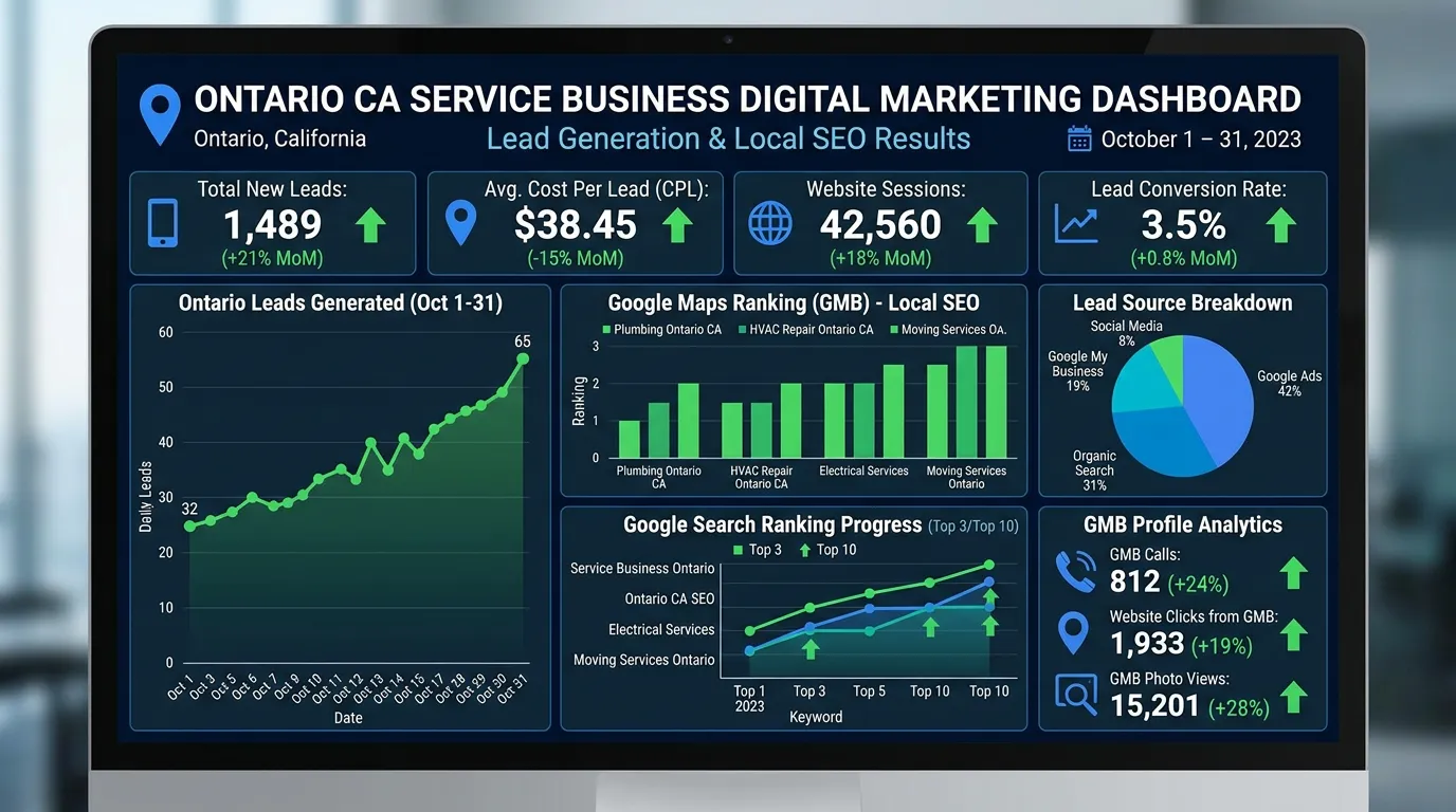 Ontario CA business digital marketing dashboard showing lead generation results for Inland Empire hub city