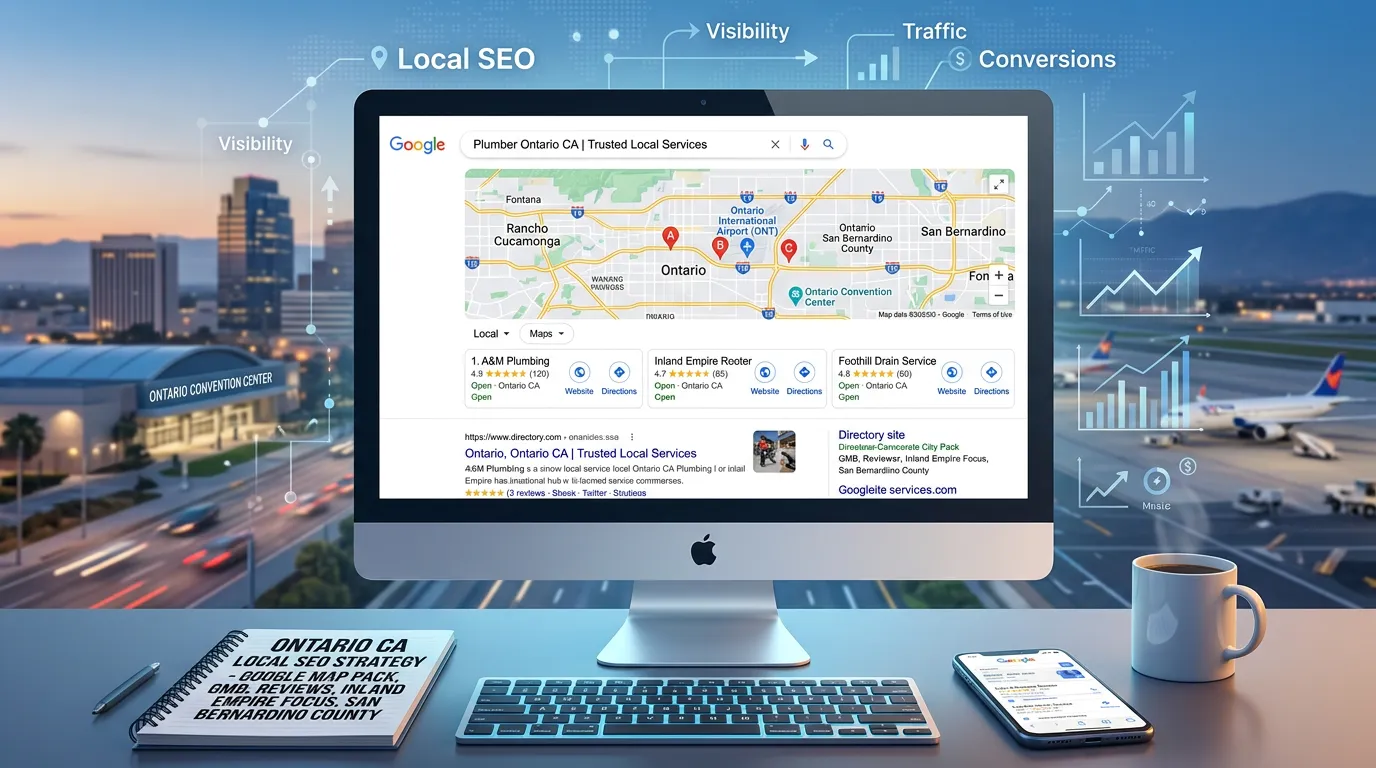 Ontario CA local SEO showing Google search map pack for service businesses in Ontario California San Bernardino County