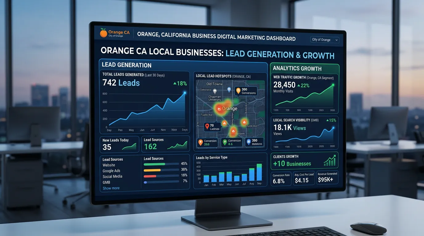 City of Orange CA business digital marketing dashboard showing lead generation for local service businesses