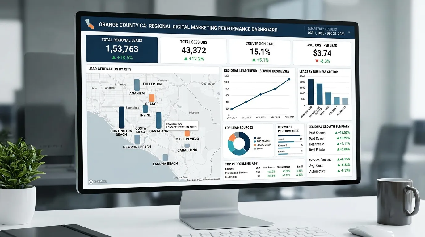 Orange County CA regional digital marketing results dashboard showing lead growth across multiple OC cities