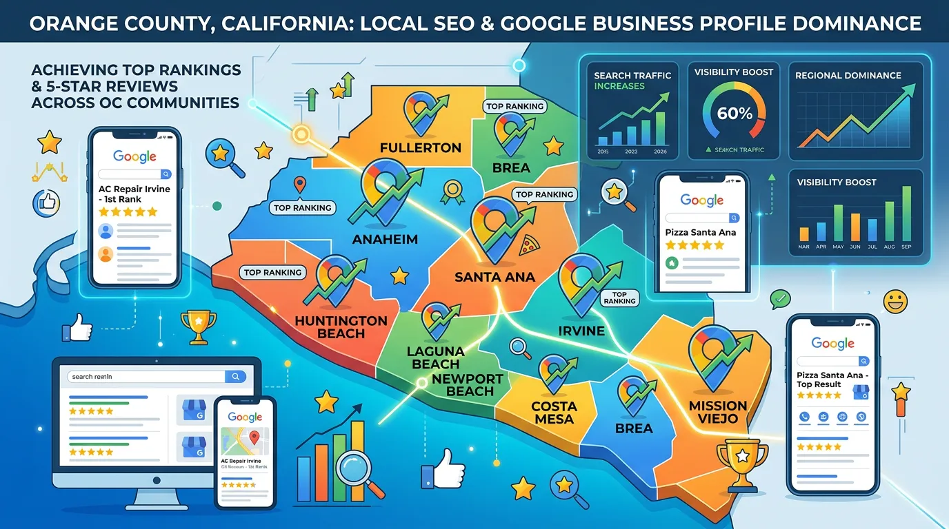 Orange County California local SEO showing top search rankings and Google Business Profiles for OC businesses