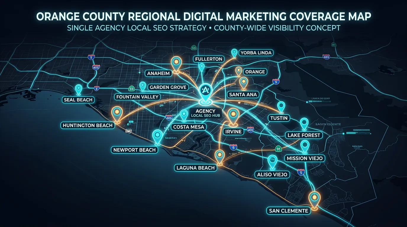 Orange County California regional digital marketing coverage map showing all major OC cities served by Online Website Marketing